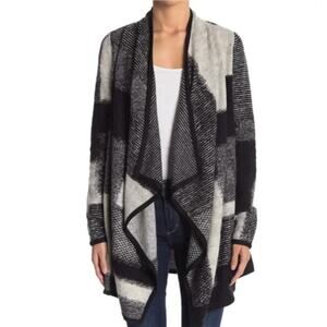 Lucky Brand Cascade Open Front Waterfall Cardigan B&W Plaid Buffalo Check XS